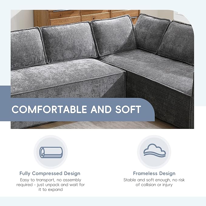 129.5 Minimalist Style Modular Sectional Sofa 6 Seat Wrinkle-Resistant Chenille Couch Set 2 PC Free Combination Modern L-Shaped Cloud Sofa Set for Living Room (Gray-ER11)