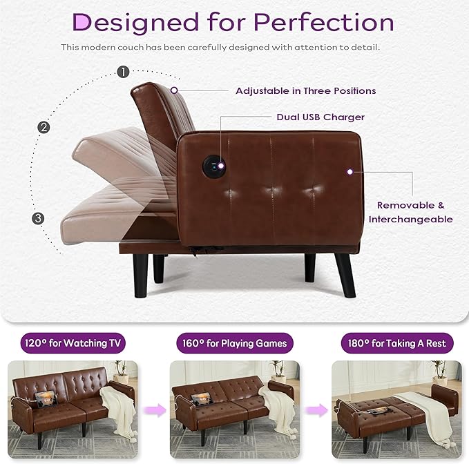 TYBOATLE 65“ Convertible Futon Sofa Bed w/ 2 USBTufted Small Adjustable Folding Couch Loveseat Modern Mid Century Faux Leather Sleeper Sofa for Living Room BedroomOffice Brown