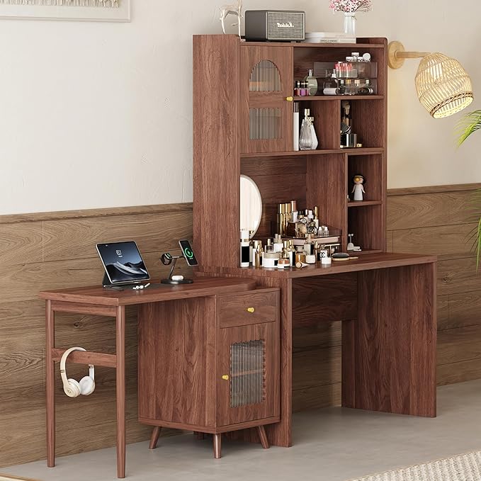 L Shaped Home Office Desks with 90° Rotating Retractable Desktop Glass Door Hutch Drawers Bookshelf &amp Storage Shelves 43 Modern Gaming Computer Corner Table for Work Study Writing Walnut
