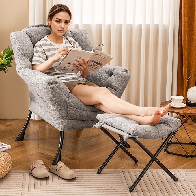 Giantex Set of 2 Lazy Chair with Folding Ottoman Modern Sherpa Accent Chair w/Armrests &amp Pocket Upholstered Single Sofa Chair Set Leisure Reading Lounge Chair for Living Room Bedroom (Grey)