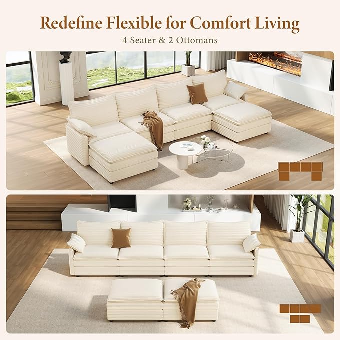 Vesgantti 142 U Shaped Sectional Couch Comfy Cloud Modular Sectional Sofa with 2 Ottoman Deep Seat Corduroy Modern Cloud Sofa Modular Sofas for Living Room Bedroom and Apartment Beige