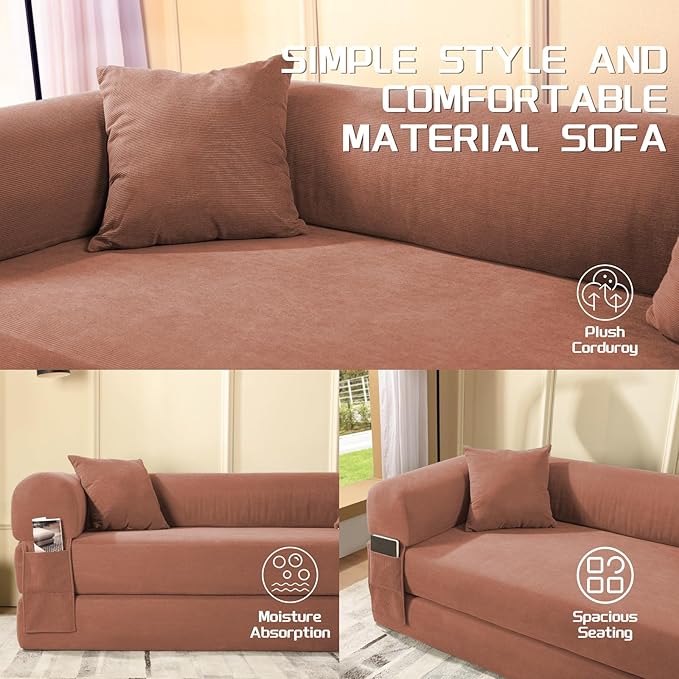 4-in-1 Folding Convertible Sofa Bed 80 Inch Oversized Corduroy Boneless Couch Loveseat Sleeper with Pull Out Bed Floor Sofa Modular Futon Teddy Sofa for Living Room Bedroom Lounge Pink