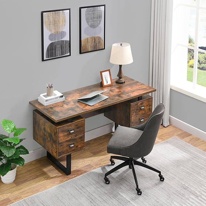 Computer Desk with 4 Drawers for Files Organization Large Home Office Desk with Storage Shelves Industrial Study Writing Table Workstation for Home Office Study Room Dedroom Rustic Brown