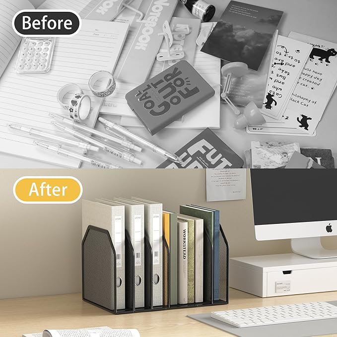 Metal 7-Section File Folder Organizer for Desk | Vertical Office File Holder | Heavy-Duty Mesh Document Sorter for Books Binders Laptops | Black Desk Organizer (12.8”x8.5”x7.9”)
