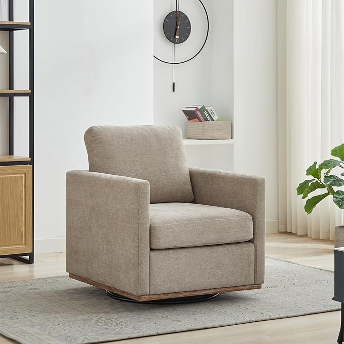360° Swivel Accent Chair Square Modern Comfy Chair with Metal Base &amp Thicked Cushion Upholstered Lounge Reading Armchair Cozy Cloud Sofa Chairs for Living Room Bedroom Office Club(PU Taupe)