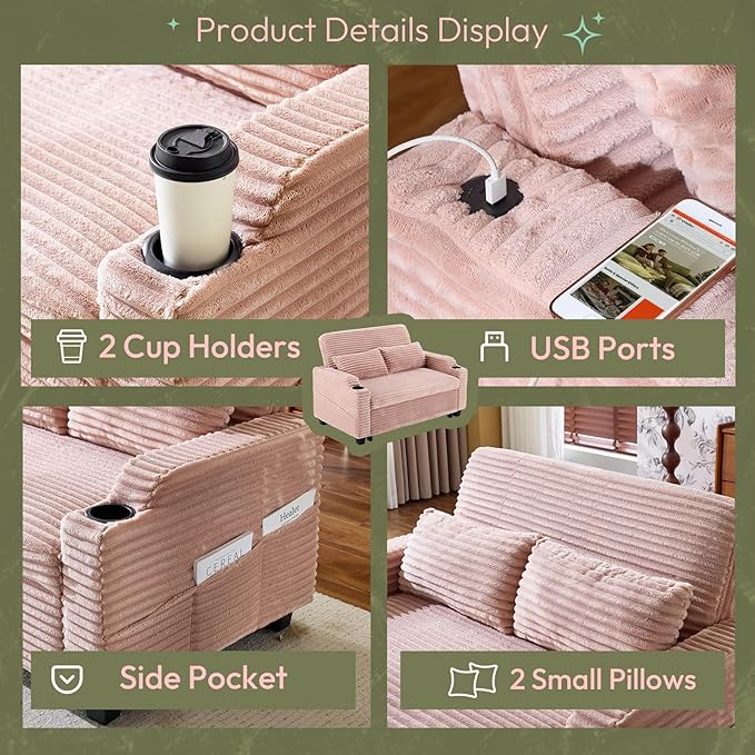 VINGLI Pink Futon Sofa Bed Convertible Loveseat Sleeper Sofa Couch Corduroy Pullout Sofa Fold Out Couch Bed with USB Ports Cup Holders Armrest for Living Room Bedroom Apartment Room | Loveseat Sle