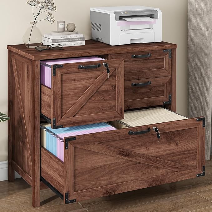 Lateral File Cabinet with 4 Drawers Farmhouse File Cabinet for Letter/Legal/A4 Size Hanging Files Large Wood File Storage Cabinets Printer Stand for Home Office Cabinets Brown with Lock