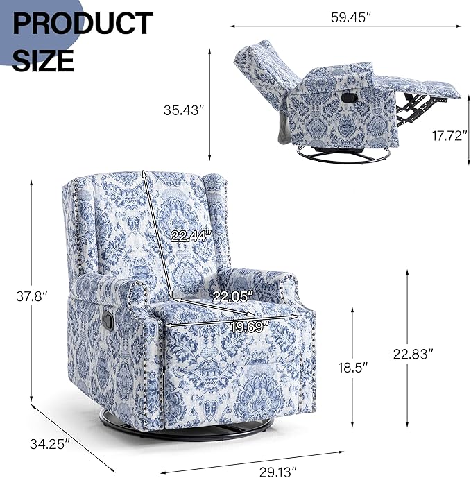 Swivel Rocker Recliner Chair Manual Nursery Glider Recliner Floral Fabric Wingback Accent Chair with Adjustable Backrest &amp Footrest for Small Spaces Living Room Bedroom (Navy Blue Set of 1)