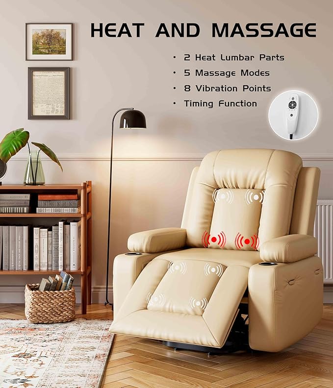 GarveeHome Power Lift Recliner Chair - Heat and Massage Faux PU Electric Lift Recliner for Elderly &amp Mobility Impaired Adjustable Back and Legs Heavy Duty Lift Chair for Seniors