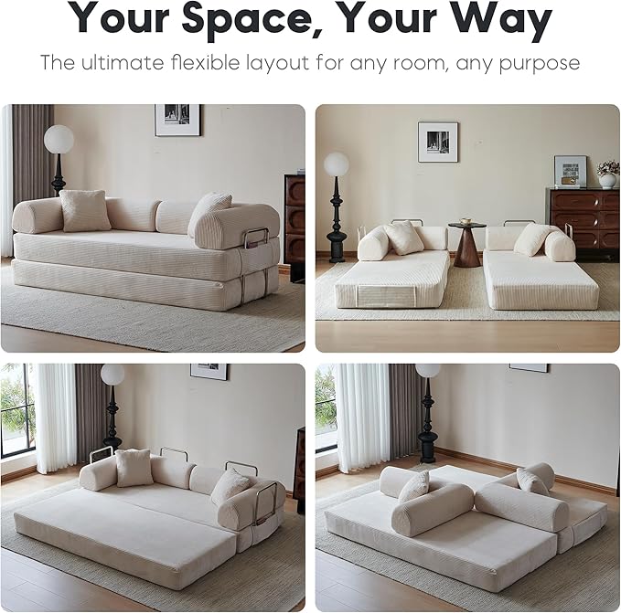 79 Convertible Sleeper Sofa Bed Modern Corduroy Floor Couch Bed with Fixed-Shape Frame Modular Sofa Couch with Pull Out Bed Boneless Loveseat Sleeper Couches for Living Room Beige