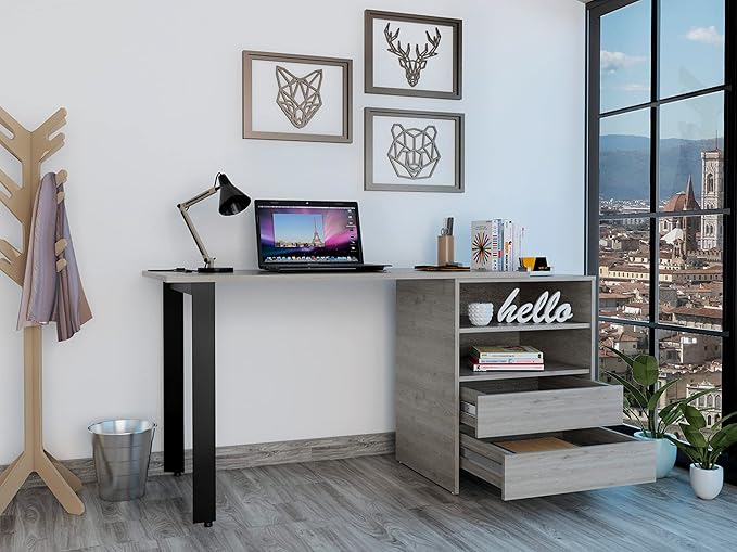 Light Gray 2-Drawer 2-Shelf Writing Desk - Home Office Desk &amp Storage Combo - Versatile Display &amp Organization