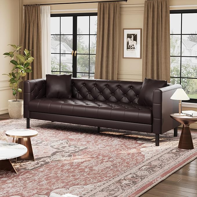 GAOMON 81 Leather Couch Handmade Button Tufted 3 Seater Sofa Chesterfield Sofa with Deep Seat and 2 Pillows Leather Sofa for Living Room Apartment Office Dark Brown