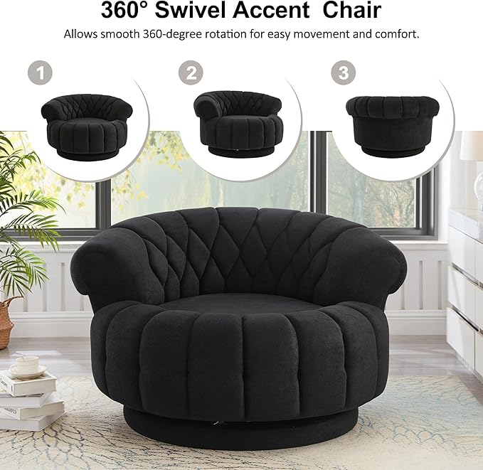 360 Swivel Accent Chair Oversized Round Barrel Club Chair with Diamond-Quilted Back Luxurious Chenille Fabric for Living Room and Bedroom