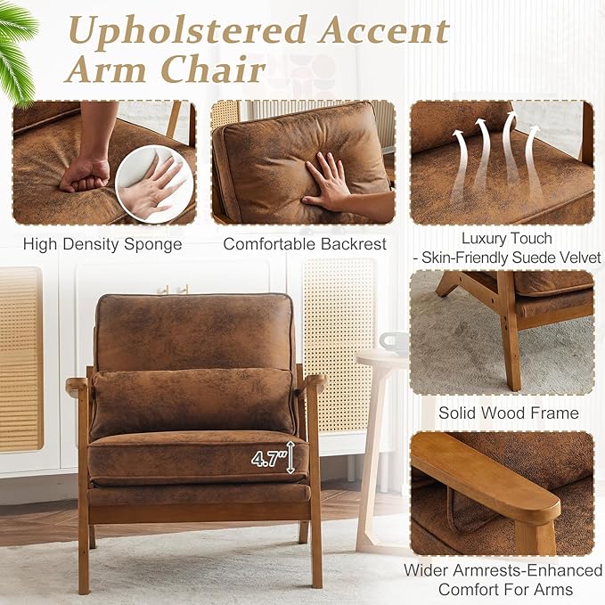 VINGLI Solid Wood Wide Armrests Accent ChairUpholstered Mid Century Modern Chair with PillowComfy Reading Chair Farmhouse Arm ChairChairs Living RoomBedroomGuest RoomSuedeRustic