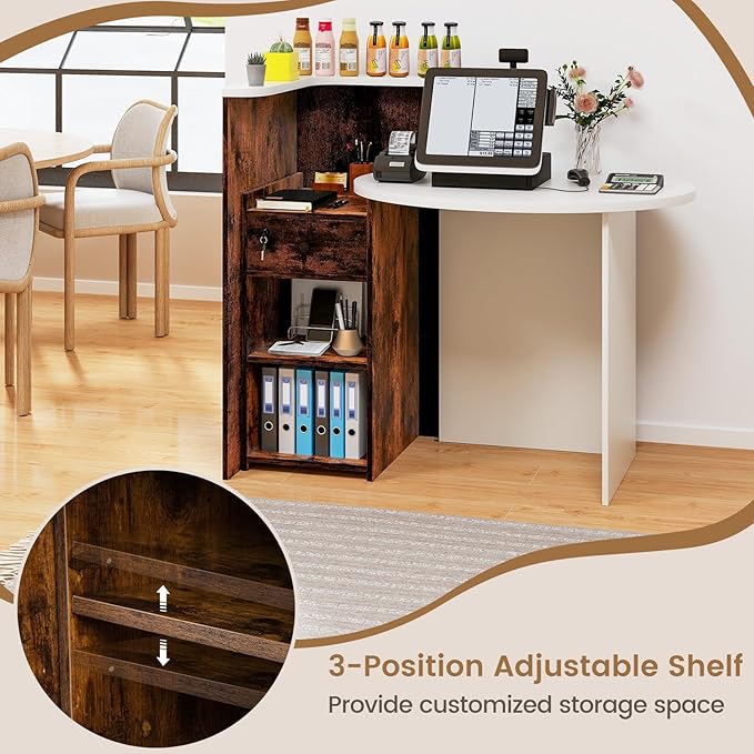 Reception Desk Small Retail Checkout Counter with Lockable Drawer and Open Shelves Wooden Front Desk Reception Counter Oval Desktop &amp L Counter for Store Office Lobby Salon (White &amp Brown)