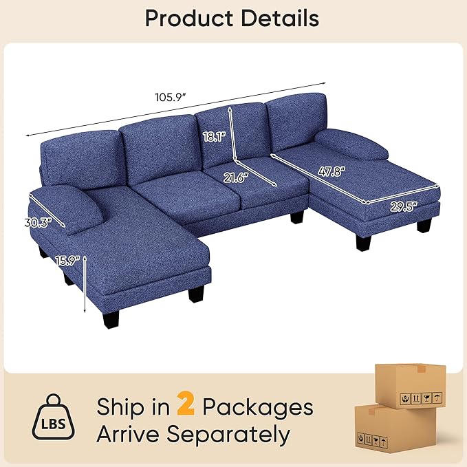YESHOMY Sectional Couch for Living Room Modern Cloud Couch with Deep Seat and Chaise U-Shaped Sofa Couches with Padded Armrest for Small Apartment (Loop Yarn Blue)