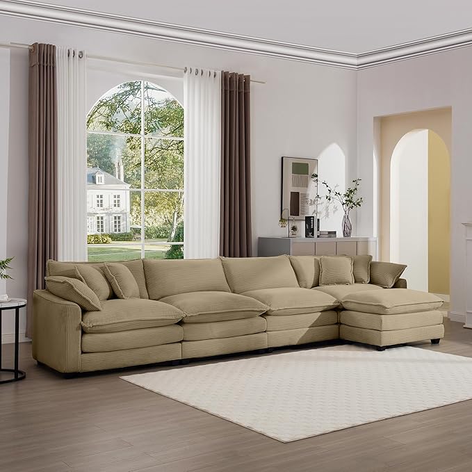 Oversized Modular Sectional Sofa 149.5'' Modern Corduroy Comfy Cloud Couches for Living Room Apartment L-Shaped Deep Seat 4-Seater Sofa with Movable Ottoman Camel