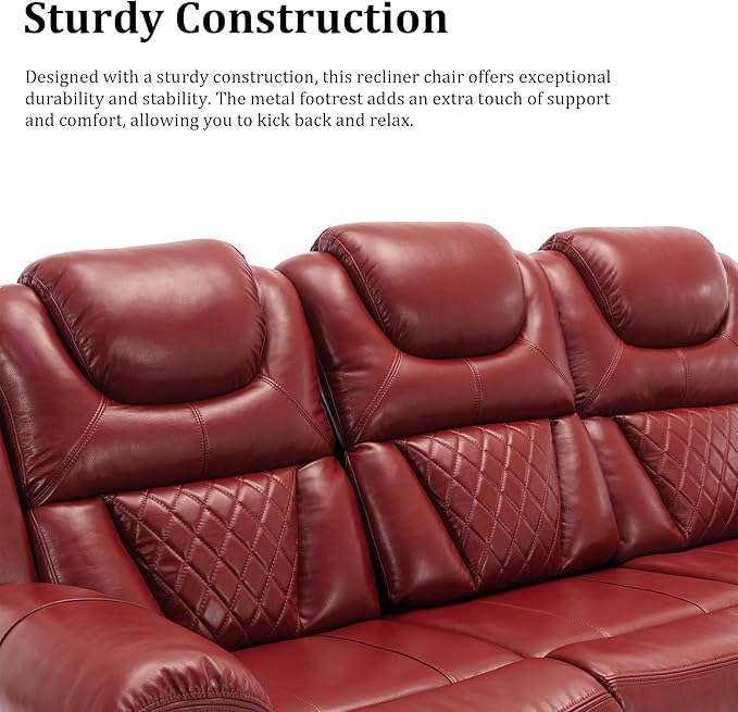Leather Reclining Sofa SetHome Theater Seating with Center ConsoleFlipped Middle Backrestand LED Light Strip3 Seater for Living RoomOfficeHome TheaterRV (Red)