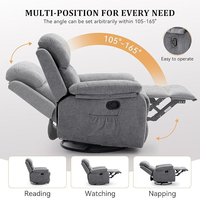 Recliner Chair 360 Swivel Rocker Chair for Adults Small Rocking Recliner Chair for Small Spaces Upholstered Chenille Fabric Glider Recliner Nursery Chair with Side Pockets for Living Room
