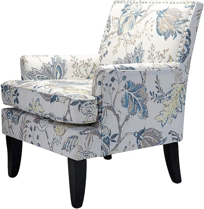 HULALA HOME Modern Accent Chair with Arms and Wooden Legs Mid Century Accent Chair Armchair High Back Rest Padded Armrest and Comfortable Cushioned Seat for Living Room (Blue Yellow Floral)
