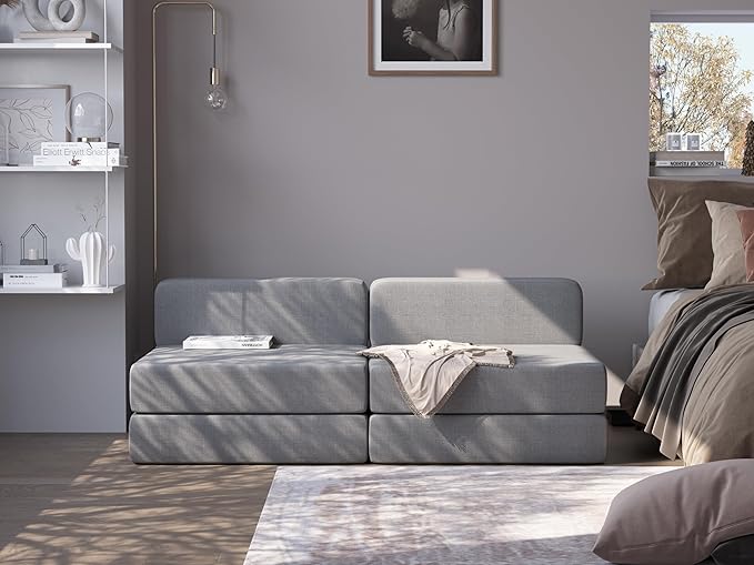 Convertible Folding Sofa Bed Couch - Light Grey Memory Foam Fold Out Couches Modern Linen Foldable Mattress Sleeper Chair for Living Room/Home Office/Apartment