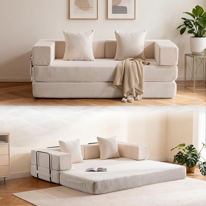 4 in 1 Convertible Sleeper Sofa Bed78’’ Compression Folding Sofa Bed with Pillows &amp Side Pockets Fold Out Floor Couch Boneless Couch for Living RoomBedroomWhite
