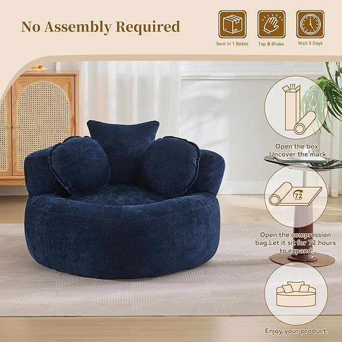 Round Oversized Chair Floor Sofa Chair Chenille Compressed Circle Chaise Lounge No Assembly Boneless Barrel Chair Lazy Bean Bag Couch Accent Chair for Living Room Bedroom DormNavy