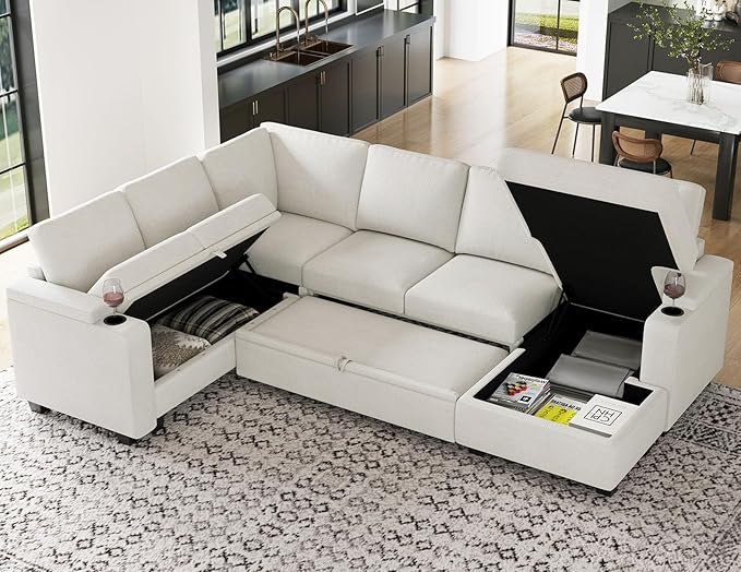 Belffin Sleeper Sofa Modular Sectional Pull Out Couch Bed U Shaped Sofa Couch for Living Room with Storage Chaise. White