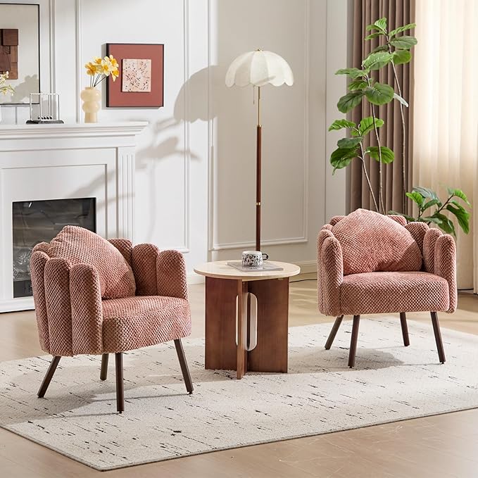 Furniliving Pink Vanity Chair Velvet Accent Chair for Living Room Shell Chairs with Wooden Legs Makeup Chair for Bedroom Armchair Cute Petal Reading Chair with Pillow