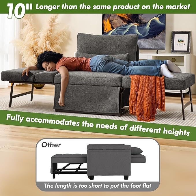 Sleeper Chair Bed Upgrade 4-in-1 to 5-in-1 Convertible Multi-fuction Sofa Chair w/Adjustable Backrest Assembly-Free Linen Folding Sofa Ottoman Bed for Living Room Apartment (Dark Grey)