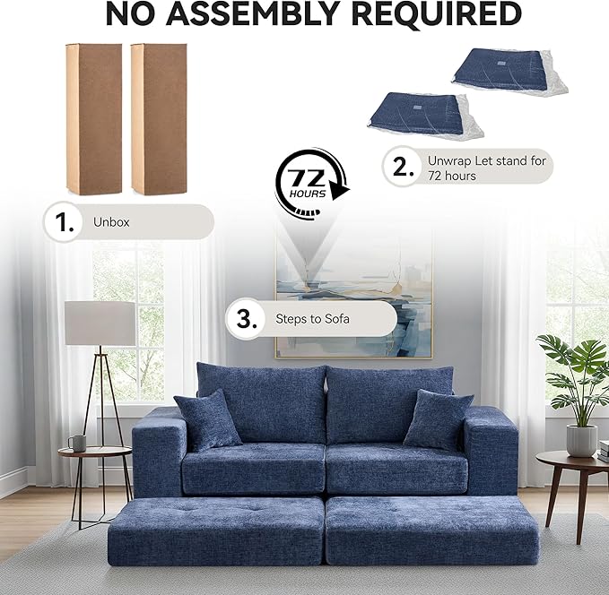 Boneless Sectional Loveseat Couch with Ottoman Convertible Tufted Button Modular Floor Sleeper Sofa Bed Comfy Foldable Compression Love Seat Sofa for Living Room No Assembly Blue