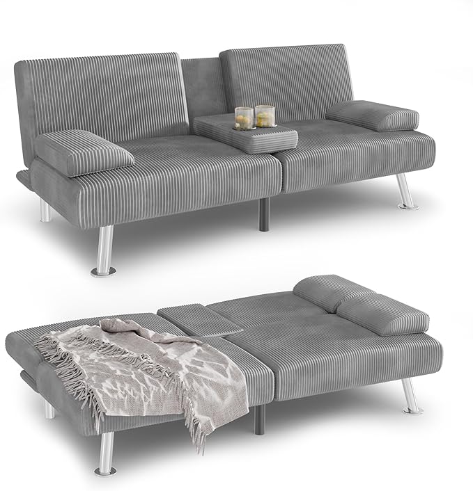 YESHOMY Futon Sofa Bed Futon Couch with Adjustable Backrest Convertible Sleeper Sofa with Removable Armrests Loveseat in Corduroy with 2 Cup Holders for Living Room Apartment (Grey)