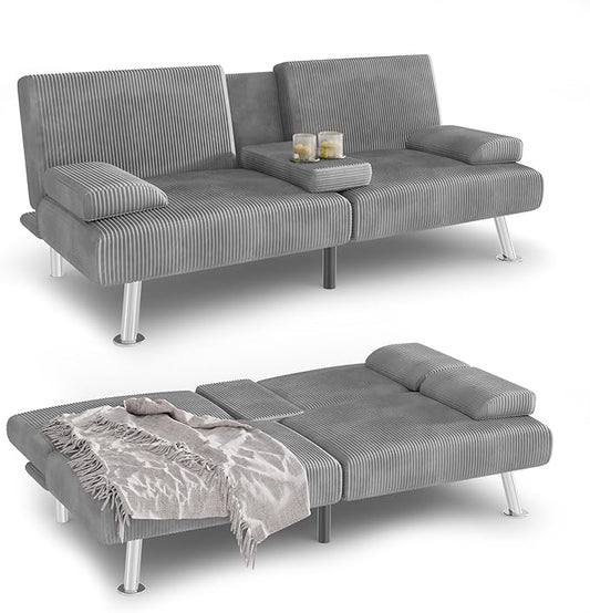 YESHOMY Futon Sofa Bed Futon Couch with Adjustable Backrest Convertible Sleeper Sofa with Removable Armrests Loveseat in Corduroy with 2 Cup Holders for Living Room Apartment (Grey)