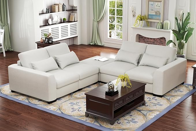 Youmumeub Oversized Modular Sectional Couch with 4 Lumbar Pillows L Shaped Couches for Living Room 130 4 Seater Sofas with Storage Ottoman U Shaped Sofa Beige