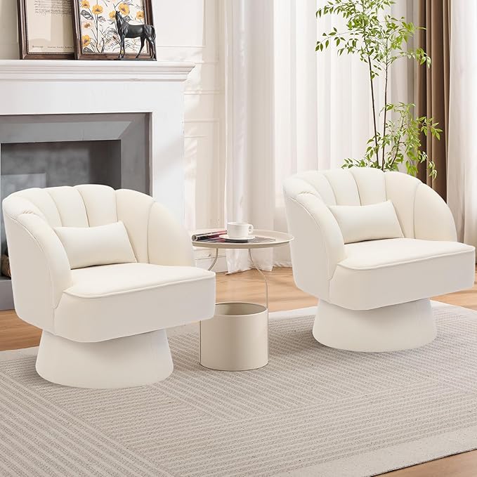 Swivel Accent Chair with Armrest Modern 360 Degree Swivel Round Lounge Chair with Curve Back and Cushion Comfy Upholstered Armchair Single Sofa for Living Room Bedroom Reading Room Beige 2PCS