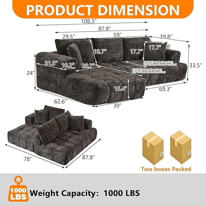 Luxury 108 L Shape Boneless Couches for Living Room Chenille Modular Sectional Cloud Sofa Couch W/Deep Seat &amp Pillows Memory Foam Couch W/Oversized Chaise (Brown Left Facing Chaise)