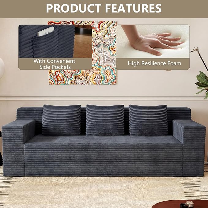 71 Love Seat Couches Corduroy Boneless Loveseat with Deep Seats 2 Seat Couch Apartment Size Couch with 3 Pillows&ampSide Pockets for Bedroom Office No Assembly Required Dark Gray