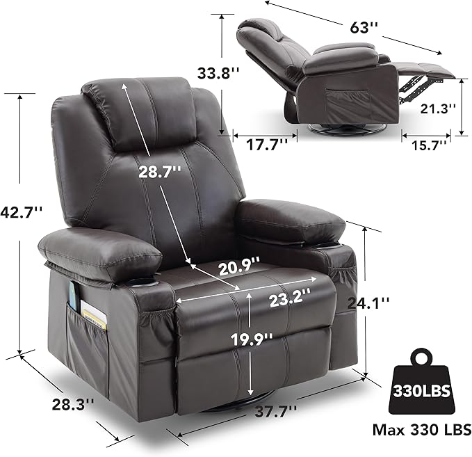 Oversized Swivel Rocker Recliner Chair with Heat and Massage 360 Degree Swivel Rocking Single Sofa with Cup Holders and USB Port Large Big Recliner Chair for Living Room(Leather Dark Brown)