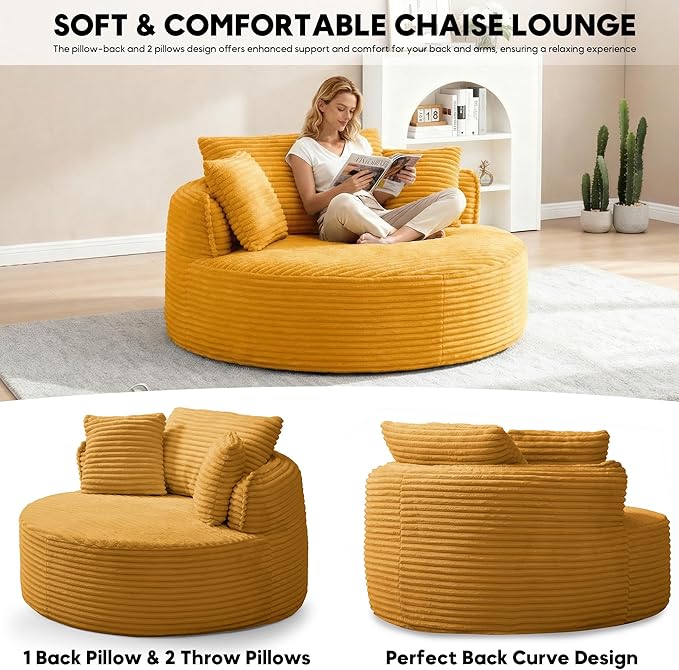 Oversized Round Chair Lounge Chaise Indoor 53.5 Corduroy Boneless Round Chair Fluffy Single Deep Seat Cloud Sofa Chairs Modern Circle Chaise Lounge for Bedroom Living Room Yellow