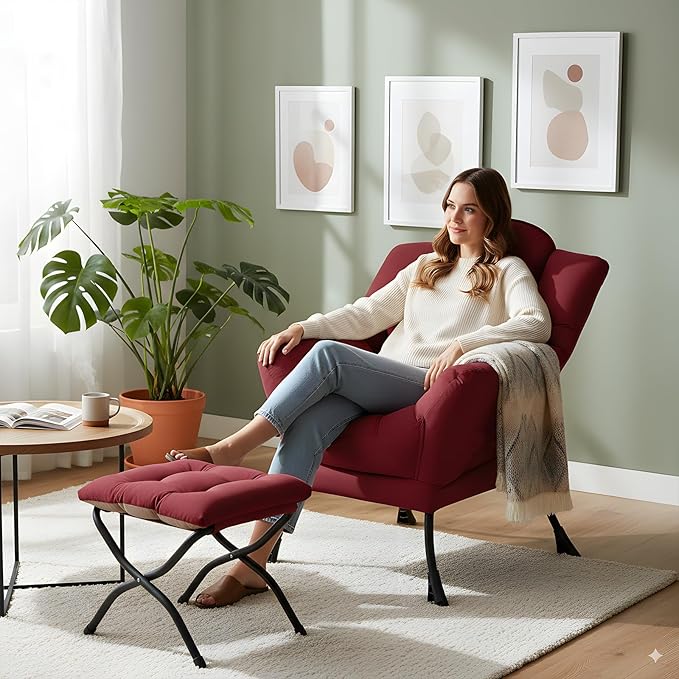 Lazy Chair with Ottoman Comfy Fabric Accent Lounge Armchair with Lumbar Pillow and Folding Footrest Reading Leisure Sofa Chair for Bedroom Living Room DormBurgundy