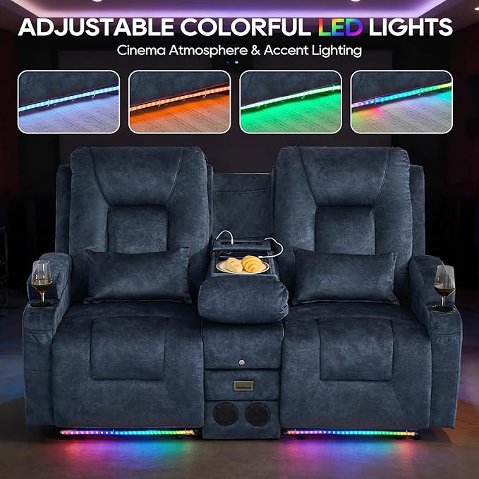IPKIG Power Recliner Loveseat with Console Zero Wall Hugger Sofa Couch Velvet 2-Seater Sofa with LED Lights AC Outlets USB Ports Cup Holders Blue | Storage Drawer Bluetooth Speaker Living Room