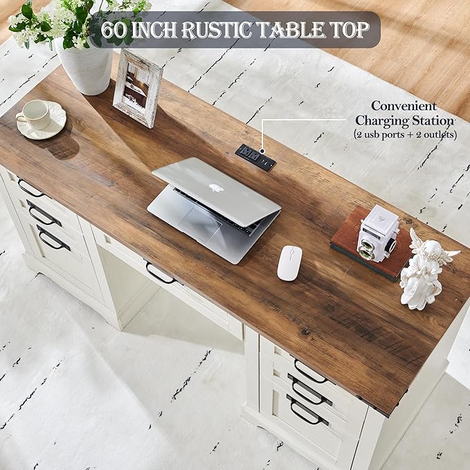 RedLemon 60 Farmhouse Executive Desk with Drawers Wood Home Office Desk w/Charging Station Keyboard Tray File Drawer Storage Cabinet Rustic Computer Writing Desk (Antique White)