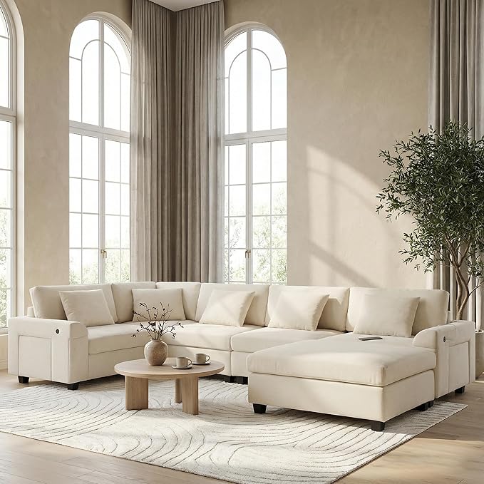 128*67 U Shaped Sectional Sofa 6 Seat Chenille Couch Set with Oversized Ottoman Hidden Armrest Storage and Cup Holders USB Charging Ports Wide Seat Sofa for Living Room Apartment Off White