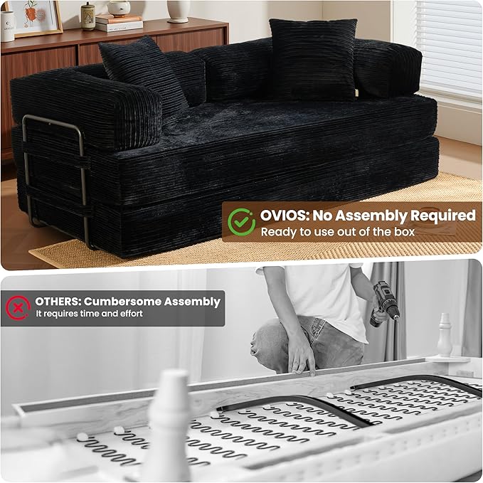 ovios 81 Folding Sofa Bed Foldable Sleeper Boneless Couch with Pull Out Beds Modular Convertible Floor Futon Loveseat Lounger for Living Room (Corduroy Black)