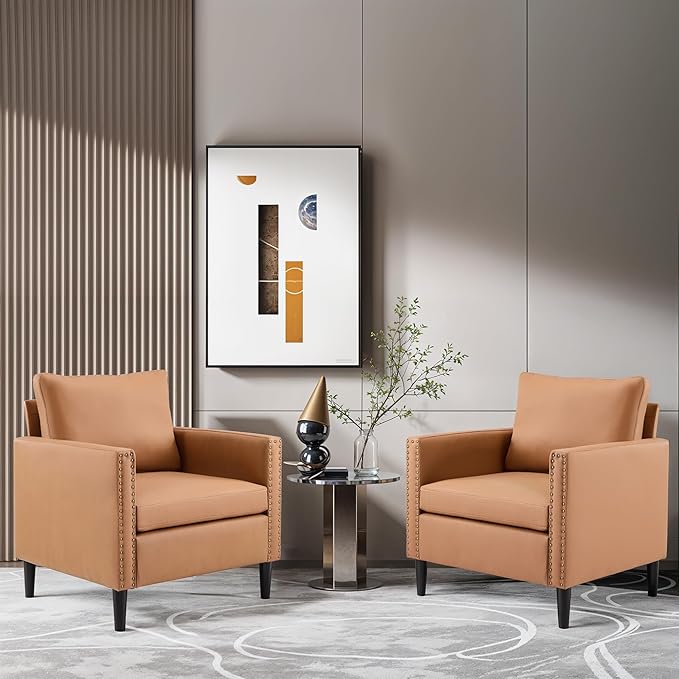 MOJAY Modern Accent Chairs Set of 2 Mid-Century Living Room Chair for Bedroom PU Leather Upholstered Comfy Armchair for Apartment Waiting Room (Brown)