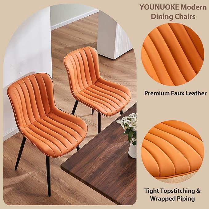 YOUNUOKE Dining Chairs Set of 2 Camel Mid Century Modern Kitchen Chairs Armless Faux Leather Upholstered Dinner Side Chair with Back for Guest Reception Living Room Matte Orange