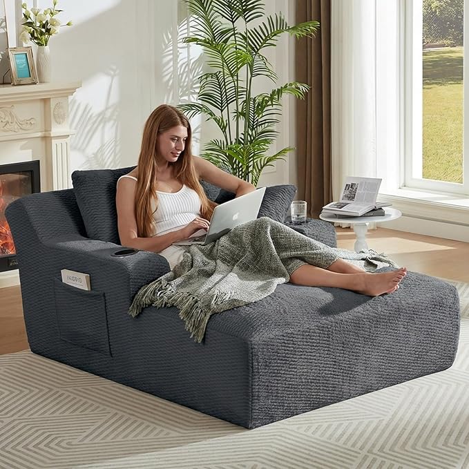 49.2Oversized Chaise Lounge Chair IndoorFaux Fur Boneless Reading Chair with Cup Holder&ampSide PocketsCloud Sofa BedComfy Modern Sleeper Chairs in Box for Living RoomNo Assembly(Dark Grey)