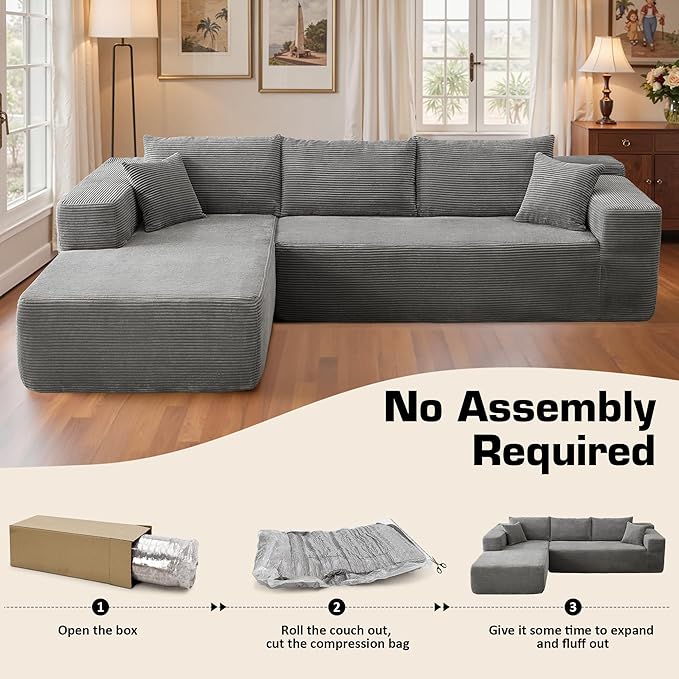 106 Cloud Sectional Couch with Chaise LoungeL Shaped Modular Modern SofaComfy Corduroy Fluffy Couches with Deep SeatNo Assembly Required Couch for Living Room(LeftStripe CorduroyGray)
