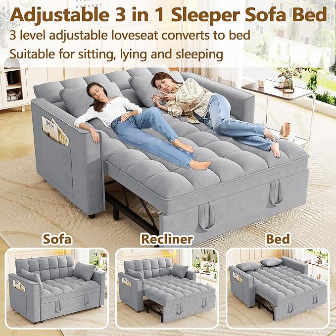 3 in 1 Convertible Sleeper Sofa Bed 52'' Velvet Pull Out Couch Bed with Comfy Pillows &amp Adjustable Backrest/Side PocketsFuton Loveseat Sleeper Sofa for Small Spaces Living Room Bedroom (Gray)