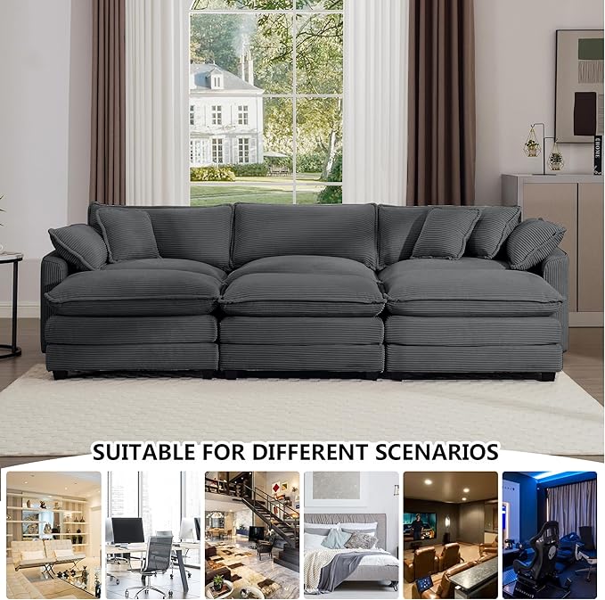 Aoowow Corduroy 3 Seater Sleeper Couch with OttomansLarge Cloud Couches for Living RoomTufted Modular Sectional Cloud Sofas Deep SeatOversized Chaise Lounge Sofa (Grey 3 Seater + 3 Ottoman)